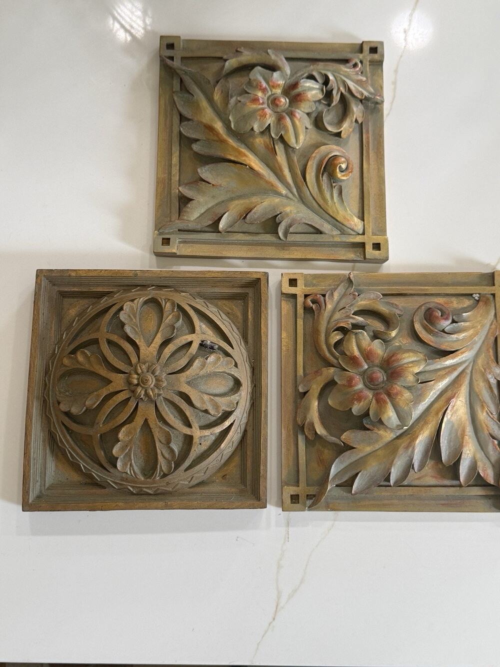Set of Three Vintage Gold Toned Heavy Resin Architectural Wall Plaques Floral